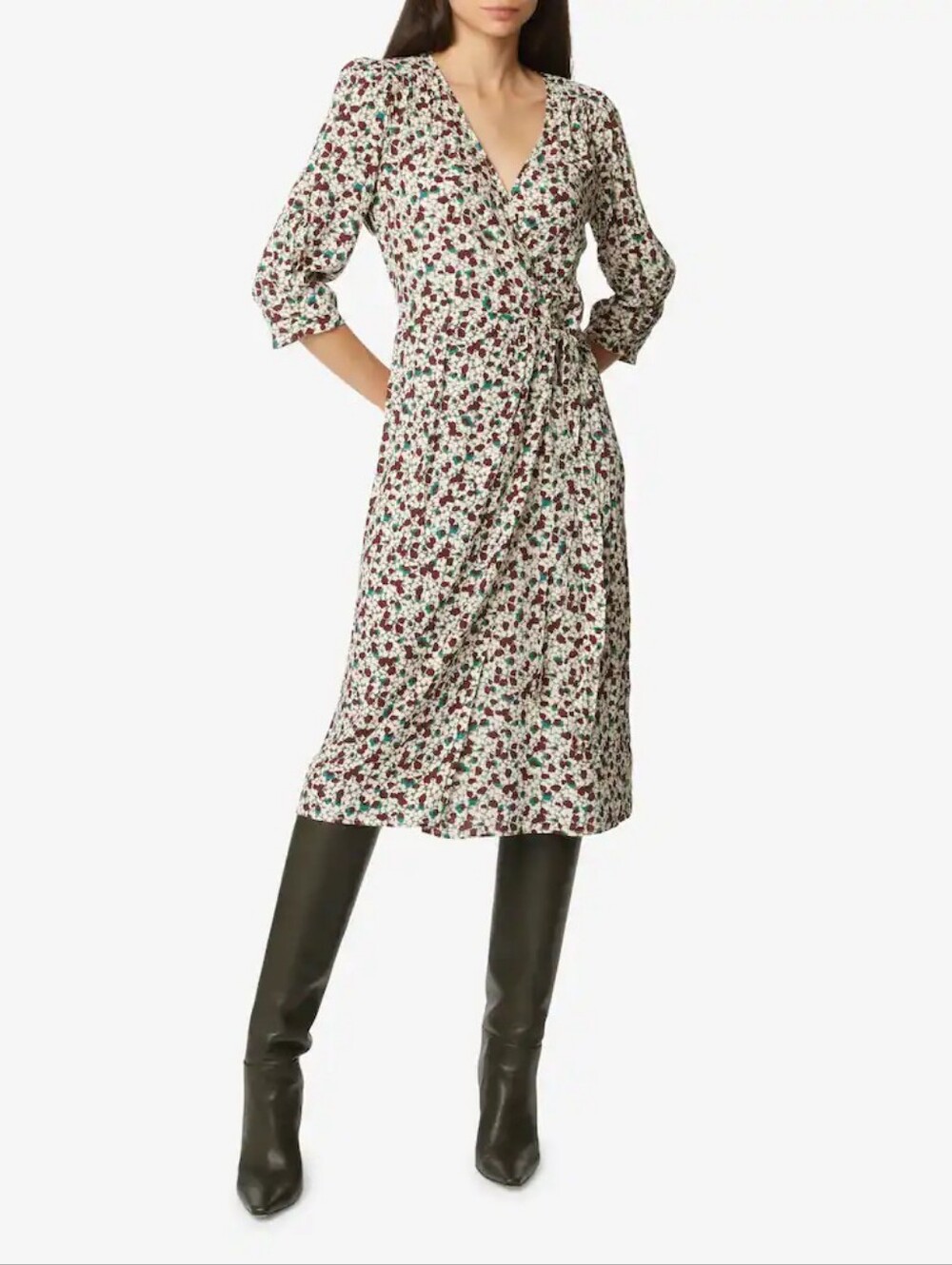 ba&sh Elen Wrap Midi Dress in Ivory, Maroon, Teal Print Size FR 2, US S/M
